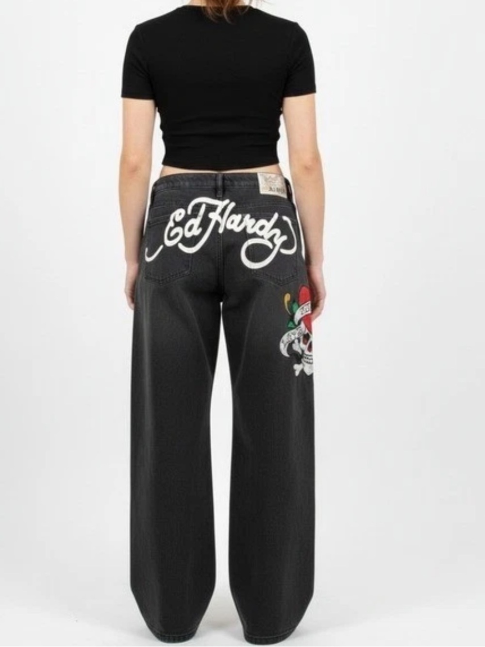Ed Hardy Black Wide Leg Jeans Skull Heart Embroidered Y2K Graffiti